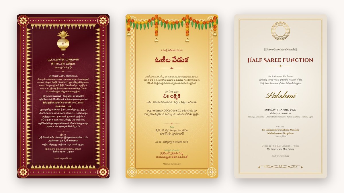 Three half saree function invitation cards side by side: a Tamil manjal neerattu card, a Telugu langa voni card and an English card