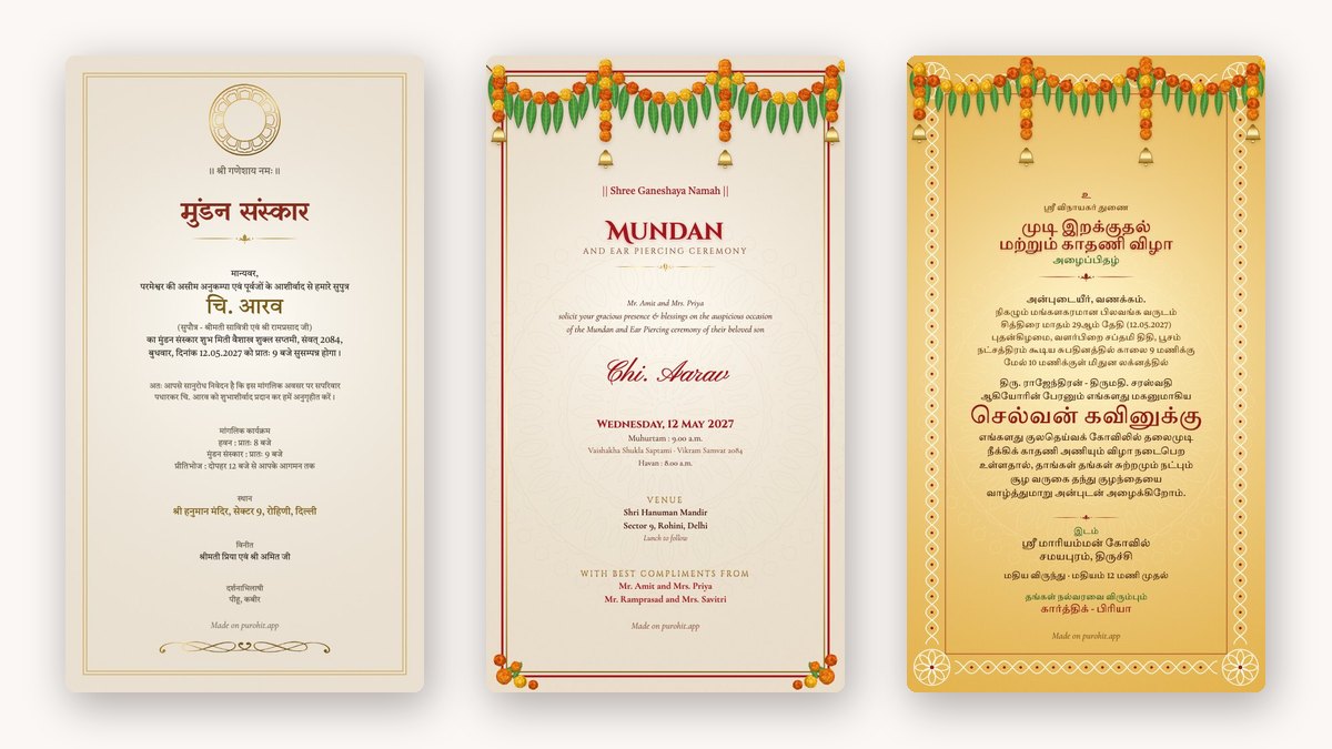 Three mundan invitation cards side by side: a Hindi mundan sanskar card, an English mundan and ear piercing card and a Tamil kadhani vizha card