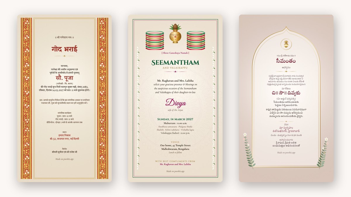 Three baby shower invitation cards side by side: a Hindi godh bharai card, an English seemantham and valaikappu card and a Telugu seemantham card