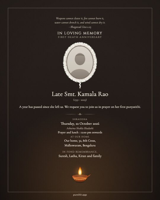 First death anniversary card on a dark background with one lit diya, showing the shraddha date worked out by tithi