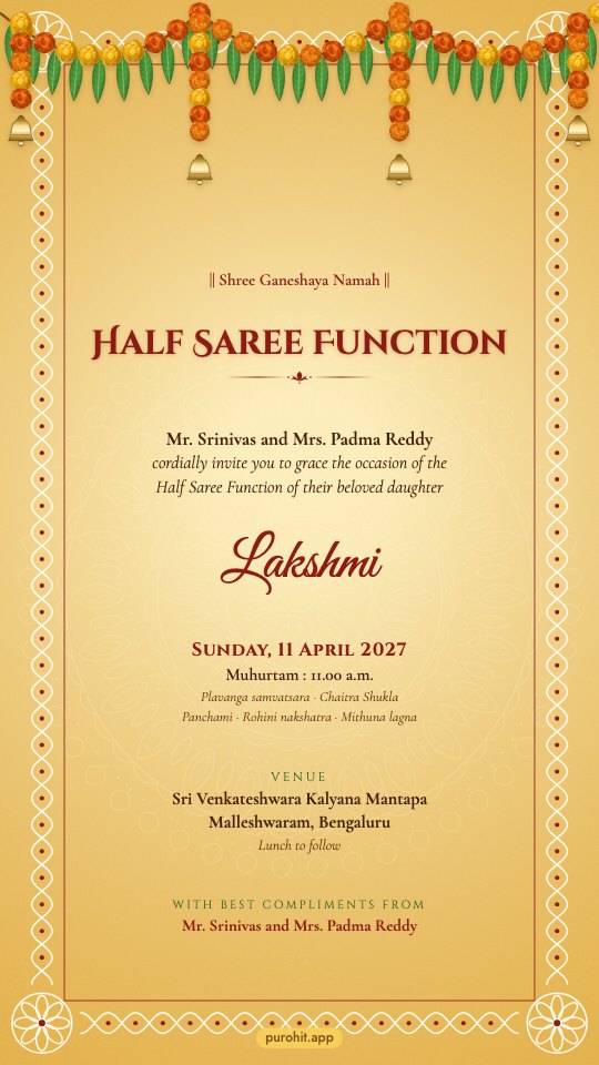 Half saree function invitation card in turmeric yellow with a kolam border