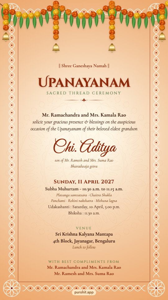 English thread ceremony invitation card on saffron paper with a kolam border