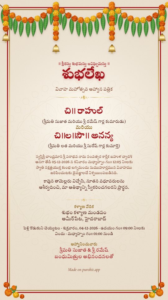 Telugu subhalekha (శుభలేఖ), Toran design